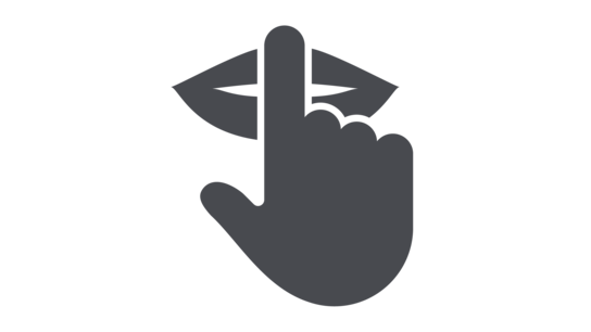 Hand mit hochgestelltem Zeigefinger vor den Lippen, Symbol für "Ruhe" oder "Schweigen".